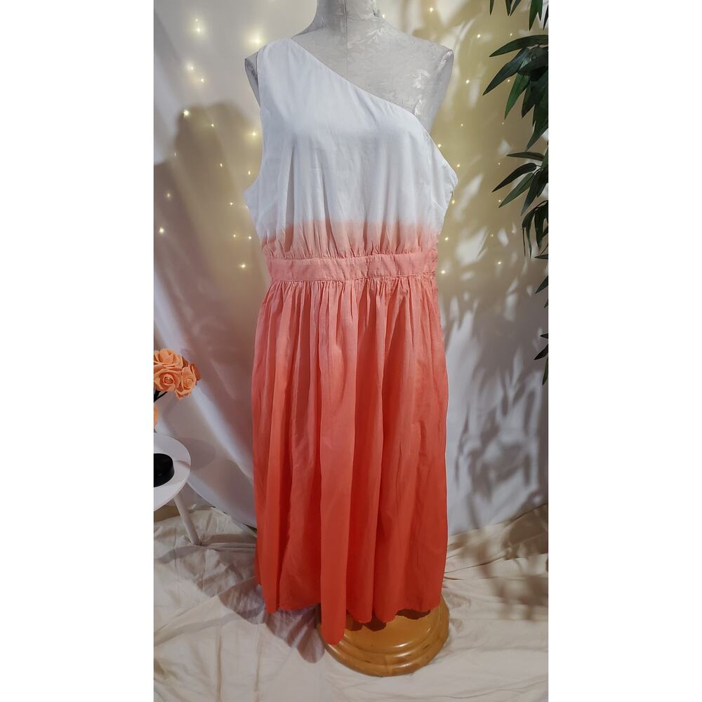Boden Ora One Shoulder Ombre Midi Dress Size 14 White Coral 100% Cotton Coastal